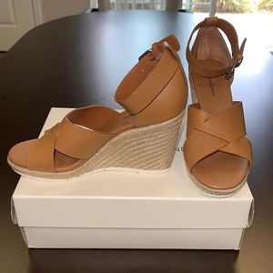Tan leather espadrille wedge sandals